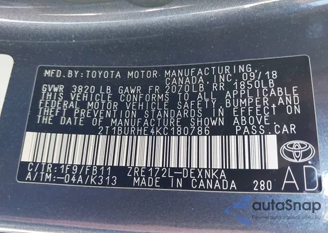 2019 Toyota Corolla Le из США, поврежденный, VIN 2T1BURHE4KC180786